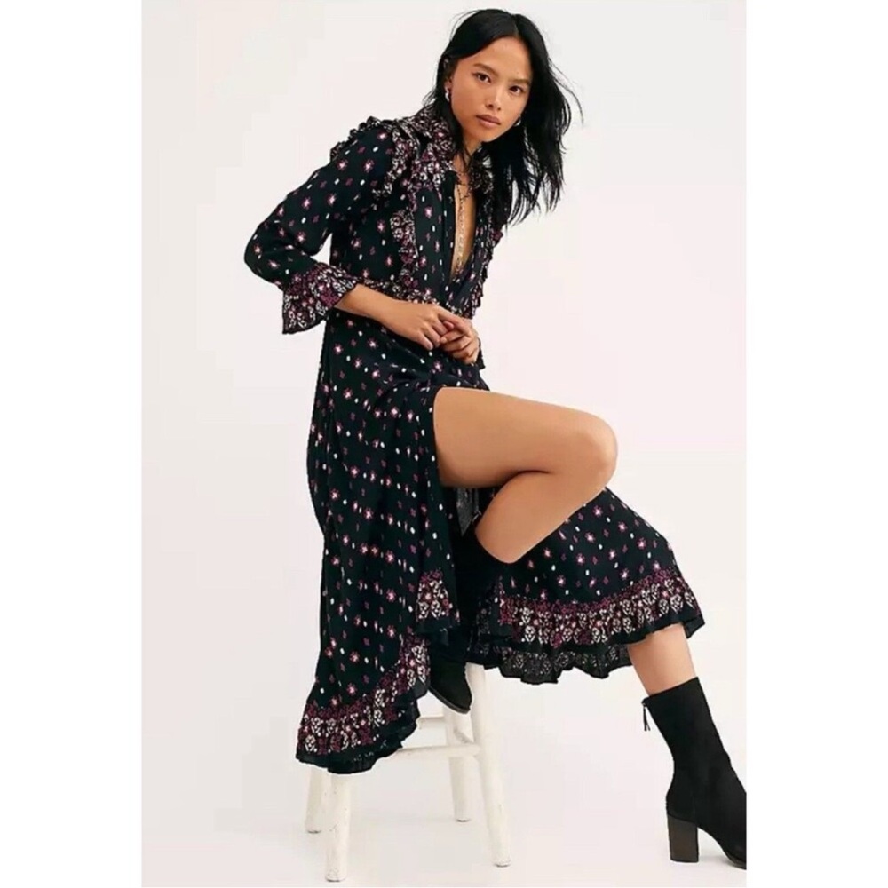 Free People Midi Dress Black Floral Calico Skies Cottagecore